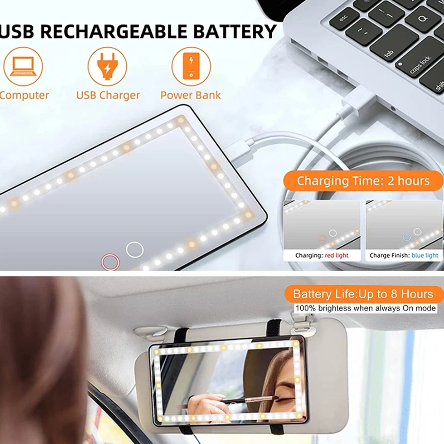 LED Vanity Mirror for Car – USB Rechargeable Sun Visor Makeup Mirror with Adjustable Brightness