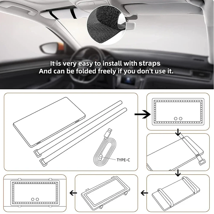 LED Vanity Mirror for Car – USB Rechargeable Sun Visor Makeup Mirror with Adjustable Brightness