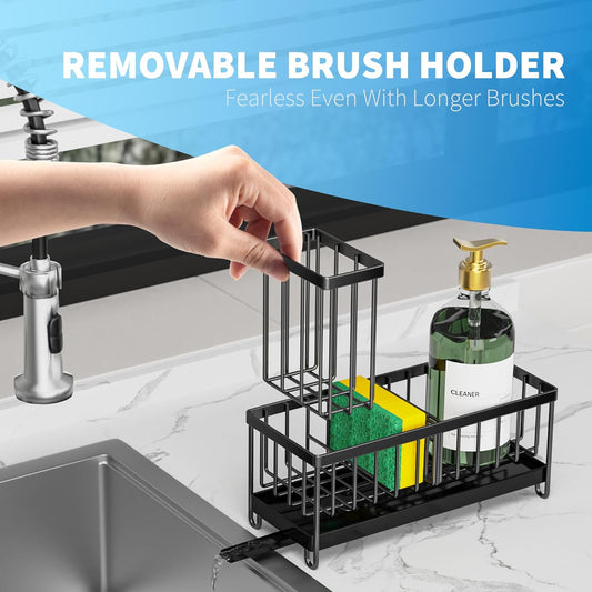 Stainless Steel Kitchen Sink Caddy – Sponge & Brush Holder Organizer with Soap Dispenser Tray