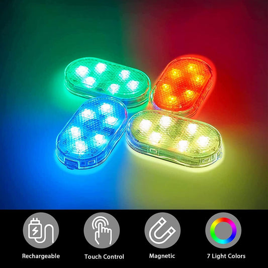 4-Pack Wireless Car Interior LED Lights – 7-Color USB Rechargeable Car Decor Lamps with 6 Bright Beads