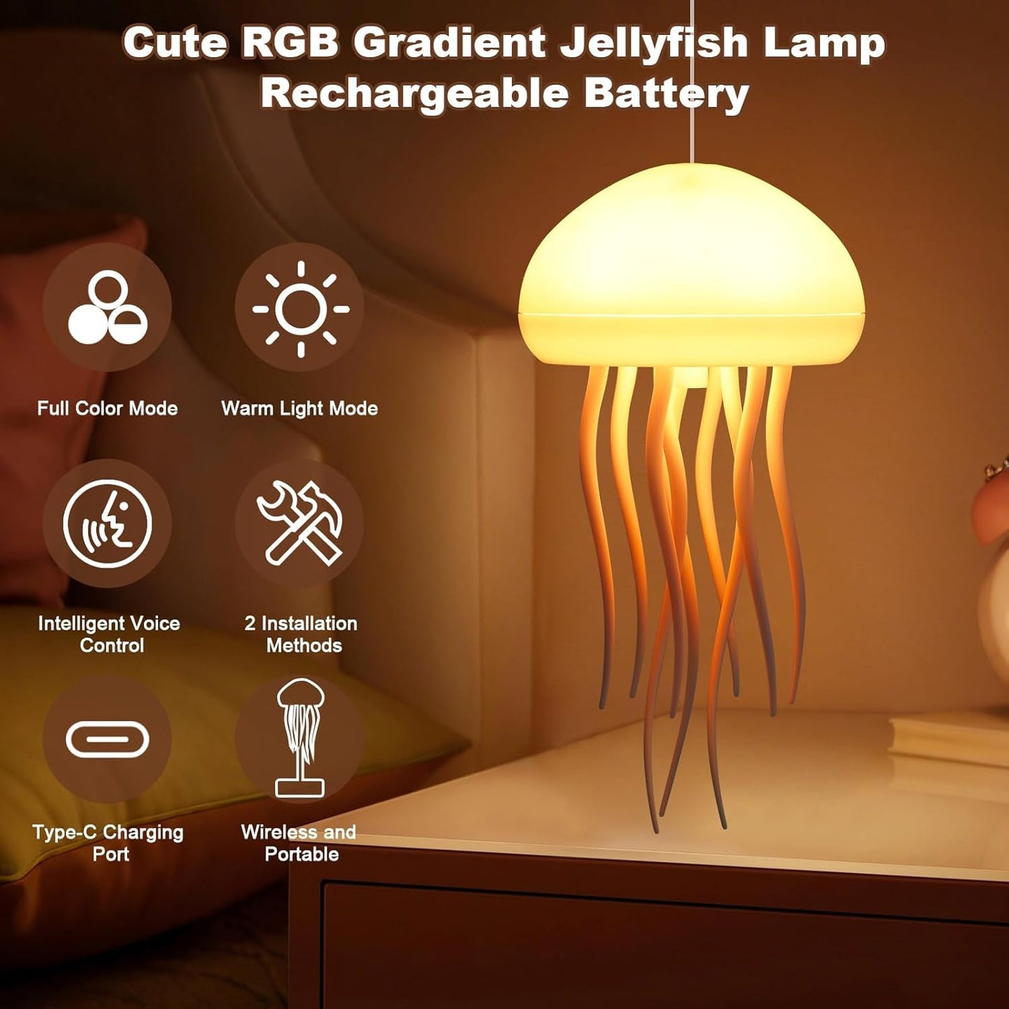 RGB Jellyfish LED Lamp – Rechargeable Touch-Sensor Light with Hanging & Base Display for Bedrooms & Living Rooms