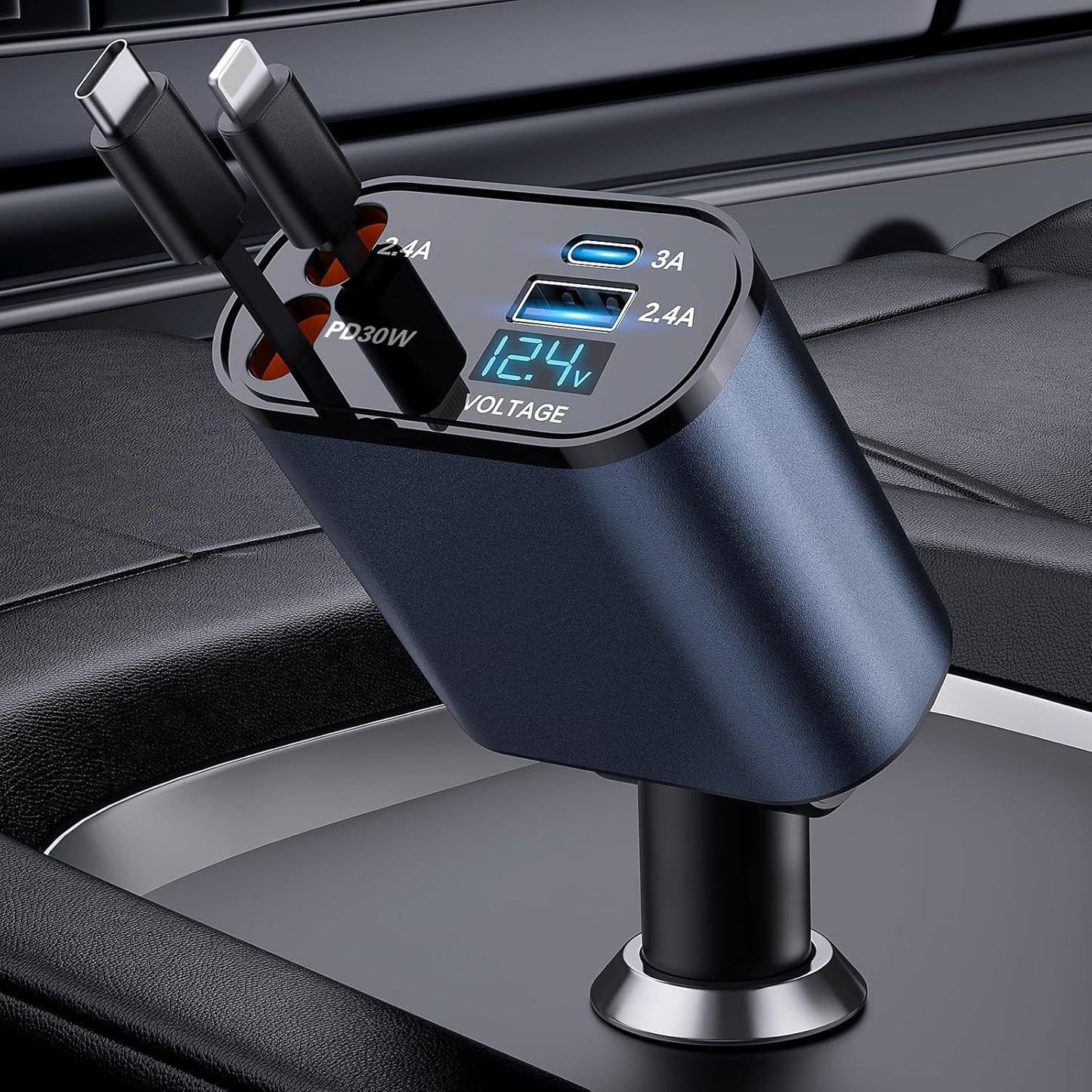 4-in-1 Retractable Car Charger – Dual USB Ports & 2 Cables (2.6ft) for Fast Charging iPhone 15/14/Pro Max & Samsung Devices