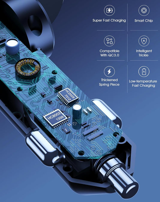 4-in-1 Retractable Car Charger – Dual USB Ports & 2 Cables (2.6ft) for Fast Charging iPhone 15/14/Pro Max & Samsung Devices