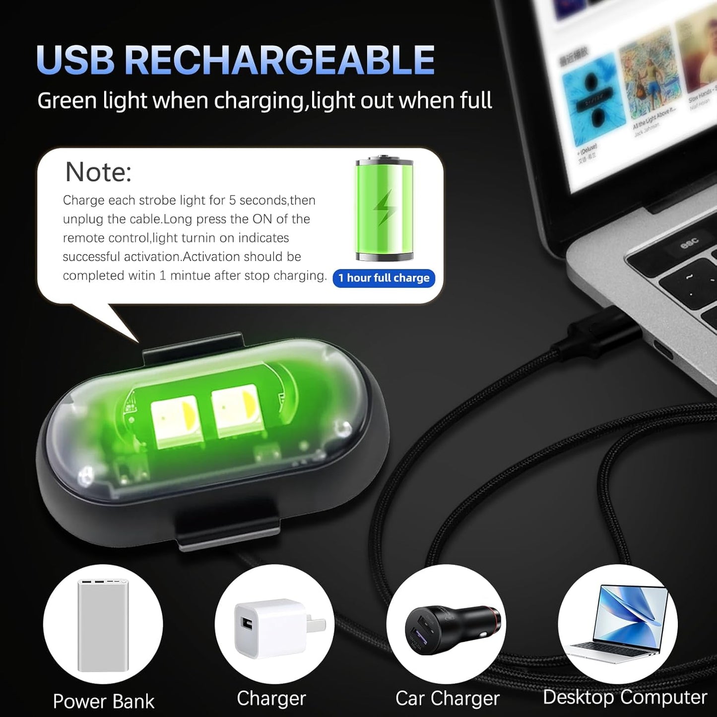 Wireless LED Car Lights with Remote – 8-Color USB Rechargeable Strobe Lights, Waterproof IP65