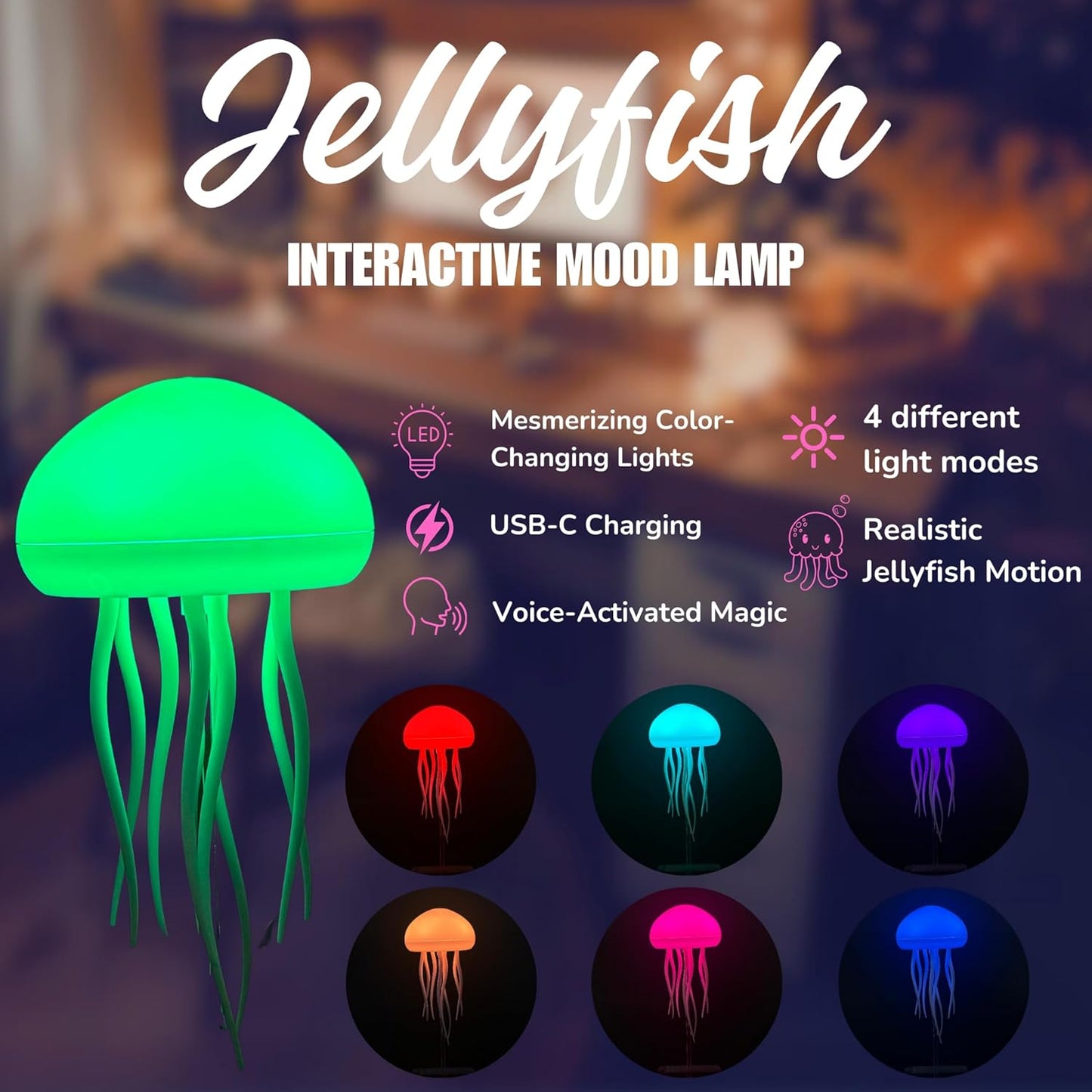 RGB Jellyfish LED Lamp – Rechargeable Touch-Sensor Light with Hanging & Base Display for Bedrooms & Living Rooms