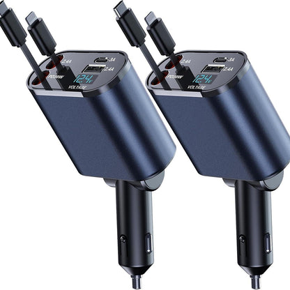 4-in-1 Retractable Car Charger – Dual USB Ports & 2 Cables (2.6ft) for Fast Charging iPhone 15/14/Pro Max & Samsung Devices
