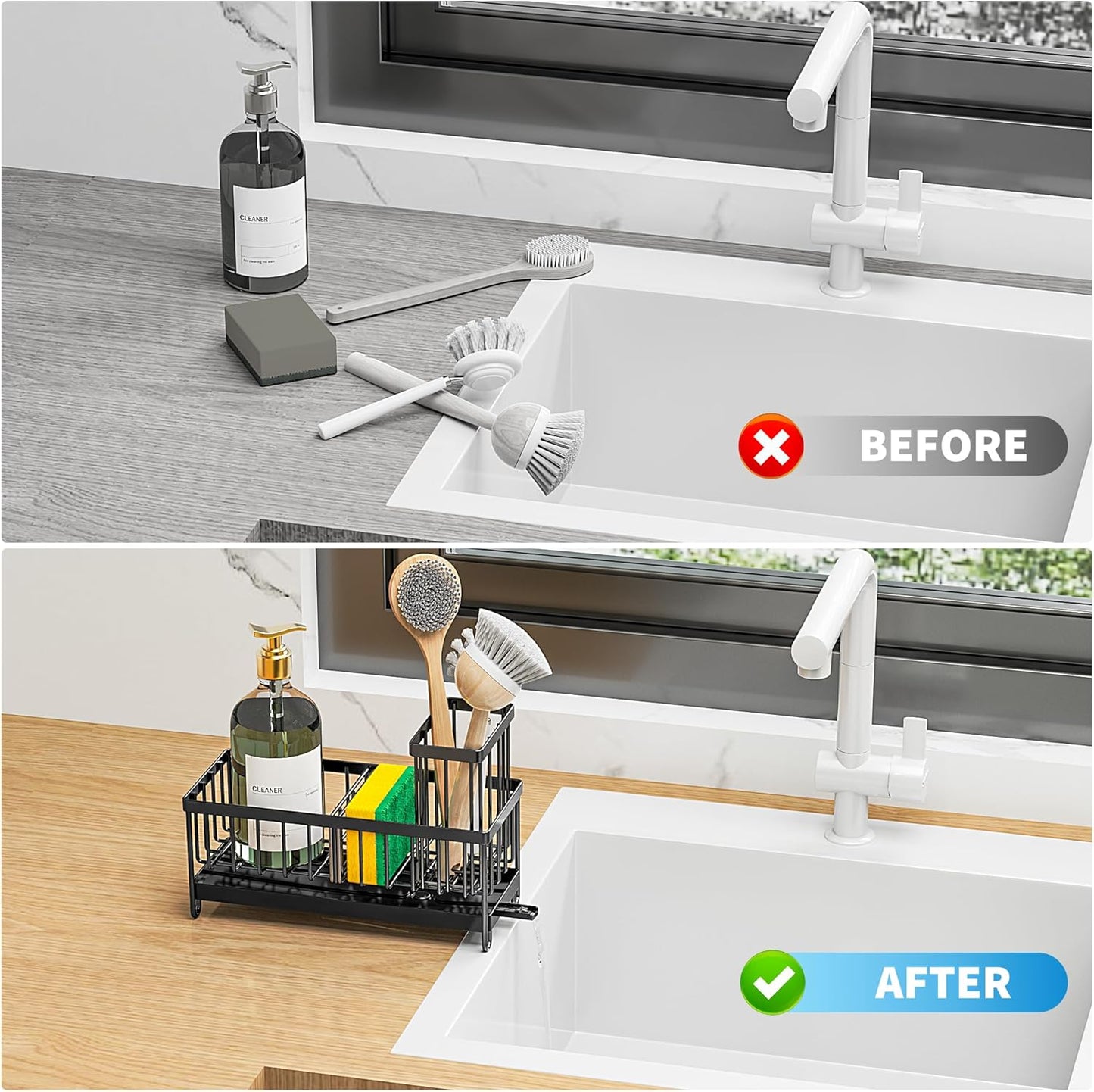 Stainless Steel Kitchen Sink Caddy – Sponge & Brush Holder Organizer with Soap Dispenser Tray
