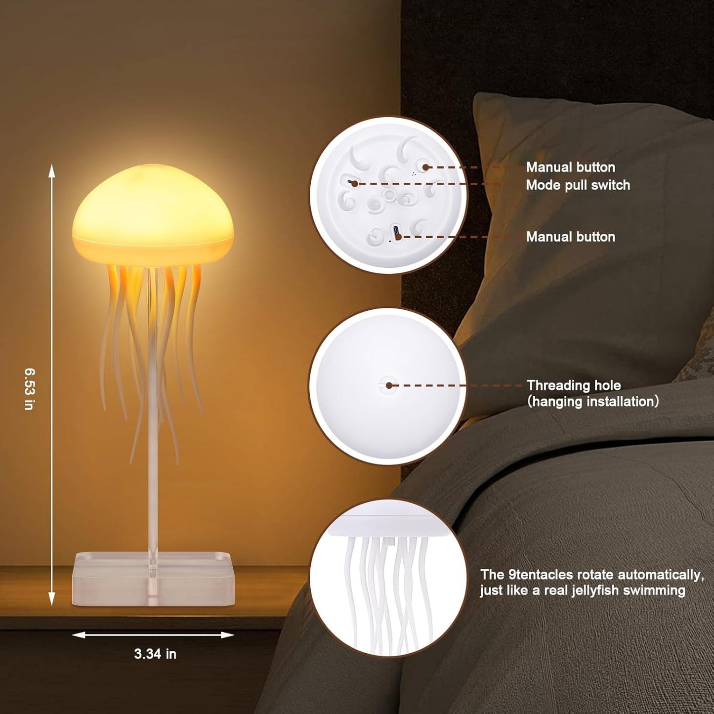 RGB Jellyfish LED Lamp – Rechargeable Touch-Sensor Light with Hanging & Base Display for Bedrooms & Living Rooms
