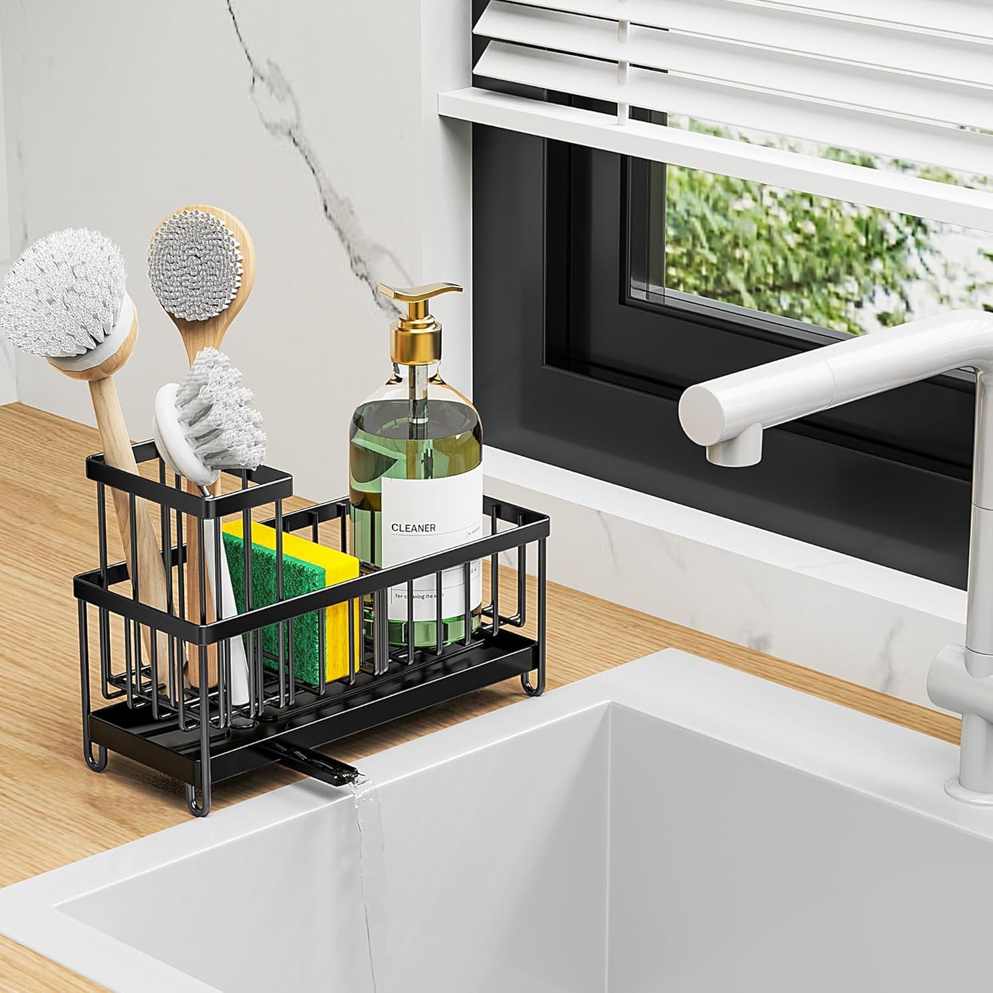 Stainless Steel Kitchen Sink Caddy – Sponge & Brush Holder Organizer with Soap Dispenser Tray
