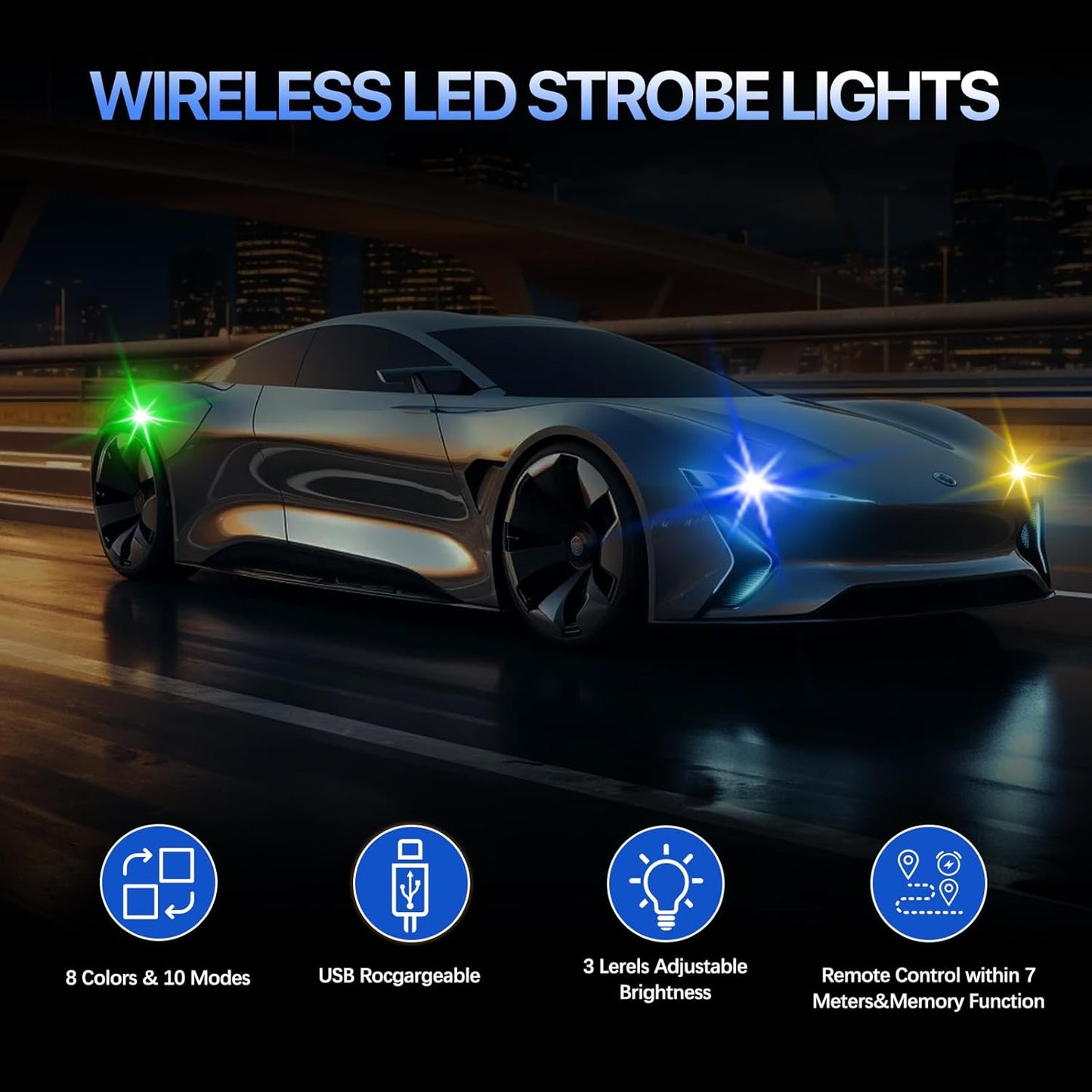 Wireless LED Car Lights with Remote – 8-Color USB Rechargeable Strobe Lights, Waterproof IP65