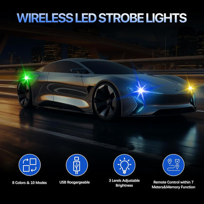 Wireless LED Car Lights with Remote – 8-Color USB Rechargeable Strobe Lights, Waterproof IP65
