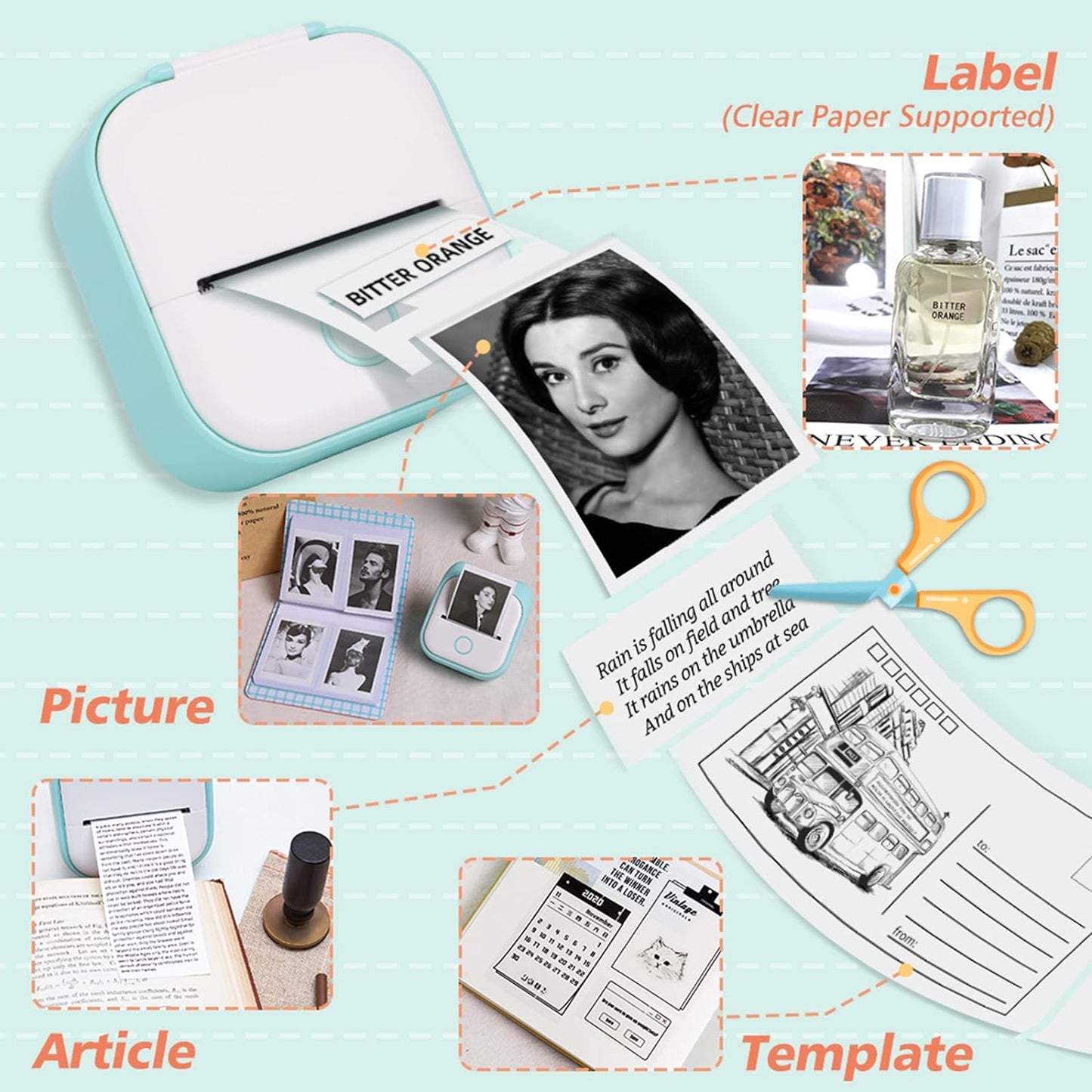 T02 Mini Bluetooth Thermal Printer – Portable Inkless Sticker & Photo Printer for Students, Journaling & Mobile Devices