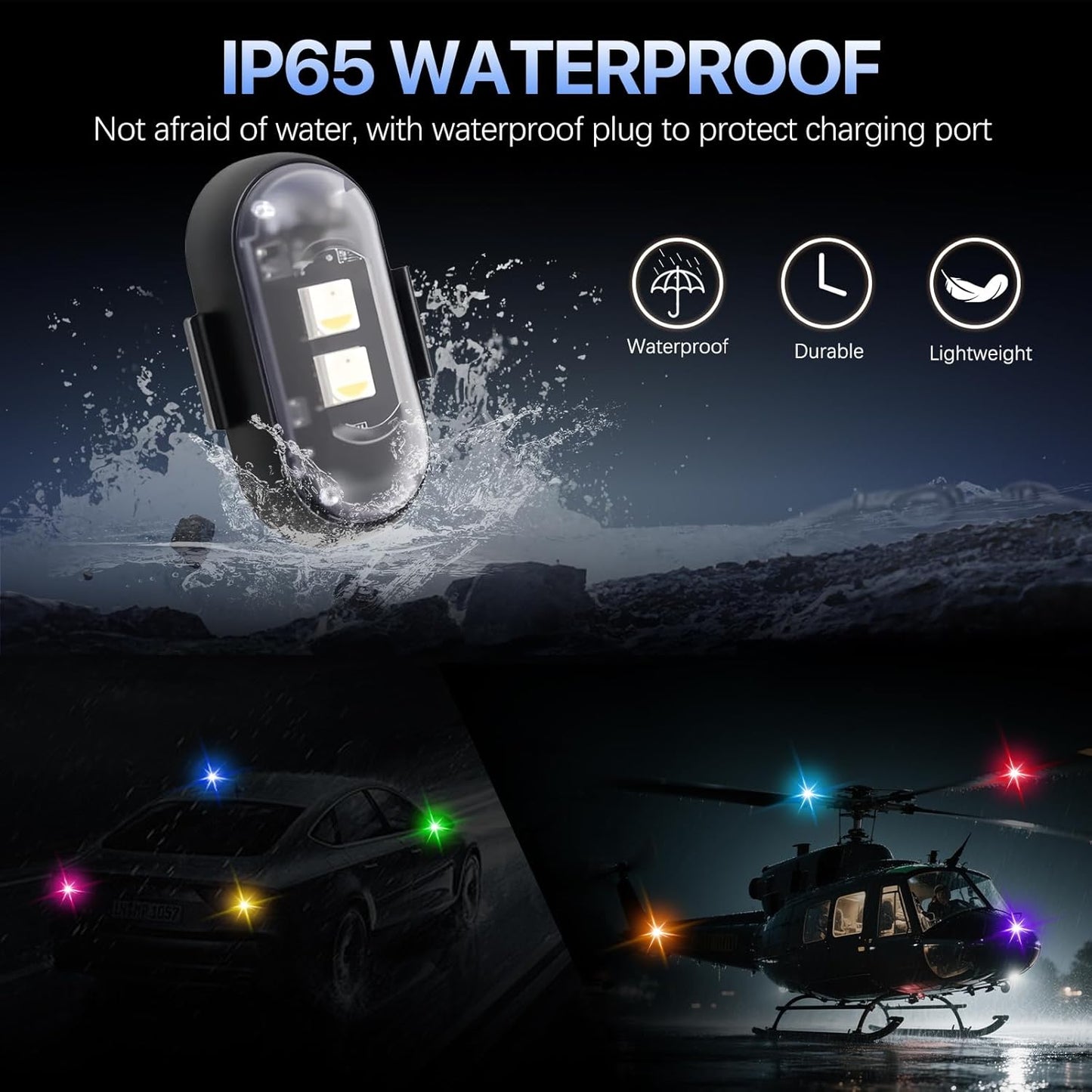 Wireless LED Car Lights with Remote – 8-Color USB Rechargeable Strobe Lights, Waterproof IP65