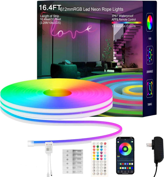 16.4FT RGB Neon Rope Lights – App + IR Remote Controlled LED Strip with Music Sync for Indoor & Outdoor Use