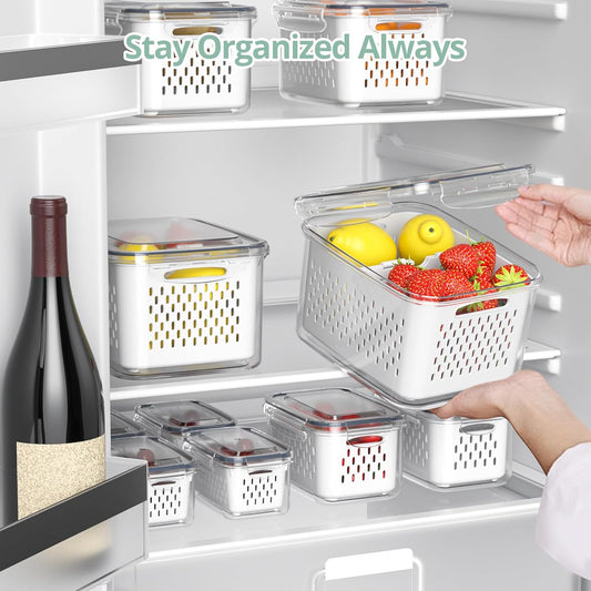 8-Pack Fruit Storage Containers for Fridge – Airtight Produce Savers with Removable Colander & Divider Plate, BPA-Free, Dishwasher Safe