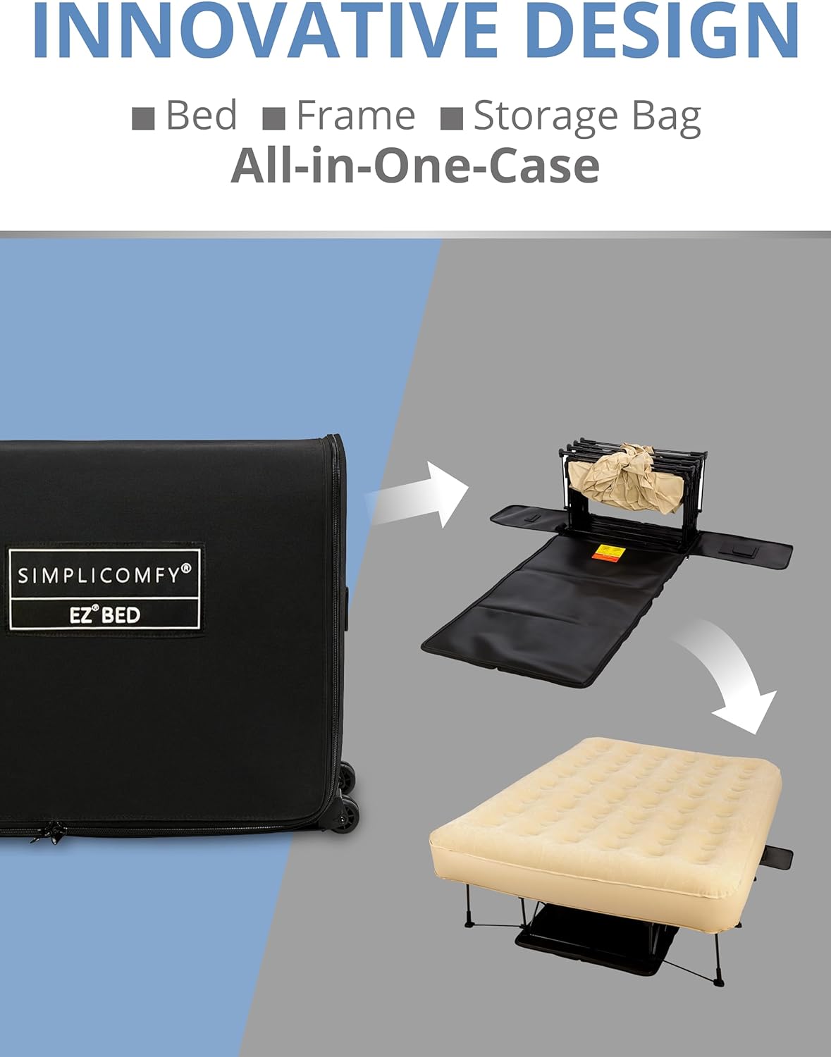 EZ Bed Self-Inflating Air Mattress with Frame & Pump – Portable Blow-Up Guest Bed with Rolling Case