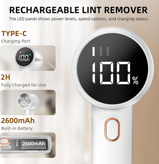 Rechargeable Fabric Shaver & Lint Remover – 3-Speed Electric Sweater Defuzzer with LED Display & 6-Leaf Blades for Clothes, Furniture & Blankets