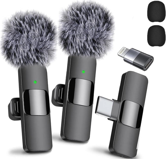 Wireless Lavalier Microphone for iPhone, iPad & Android – 2-Pack Omnidirectional Mics with USB-C & Lightning Compatibility